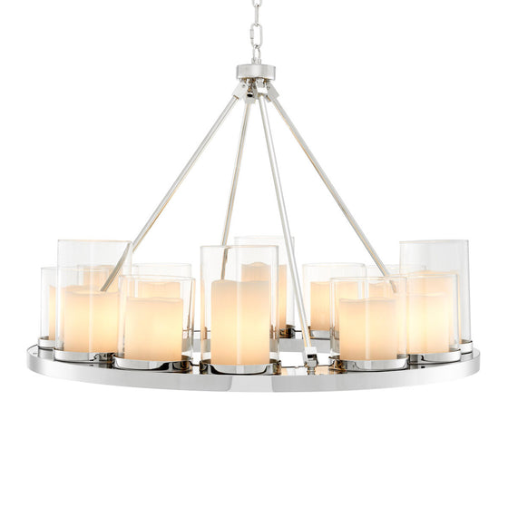 Eichholtz Chandelier Summit Round The glossy polished stainless steel plate of the Summit Chandelier is supported by a strong