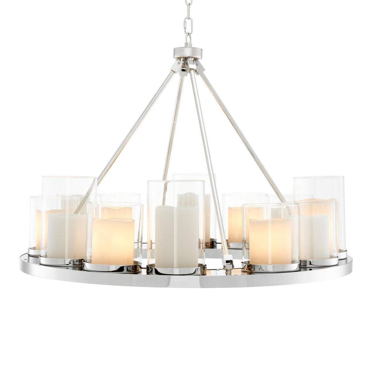 Eichholtz Chandelier Summit Round chain link ceiling canopy. This atmospheric pendant lamp nestles 12 exquisite glass hurricane lanterns...
