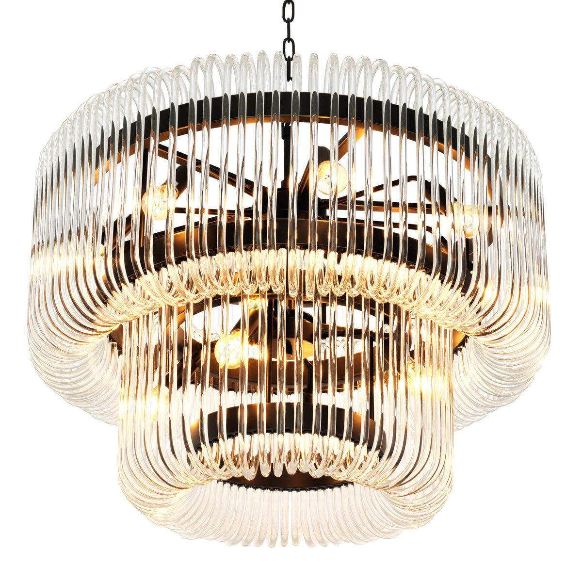 Eichholtz Chandelier Sutton House interior space. Featuring two rounded tiers with sparkling glass rods, this lovely luminaire has a