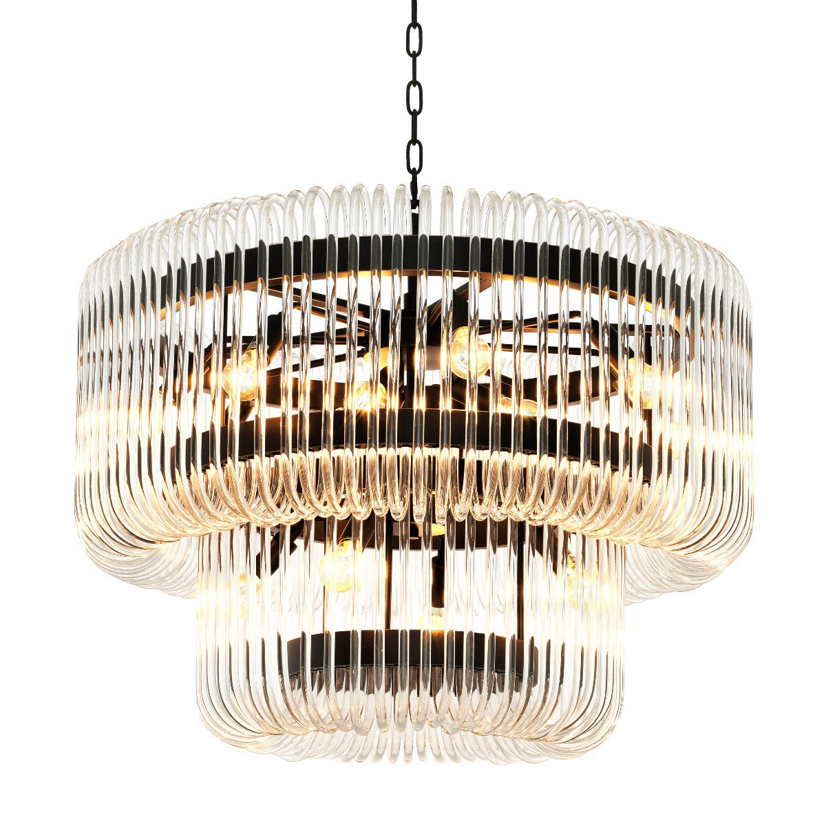 Eichholtz Chandelier Sutton House Featuring two rounded tiers with sparkling glass rods, this lovely luminaire has a bronze fixture