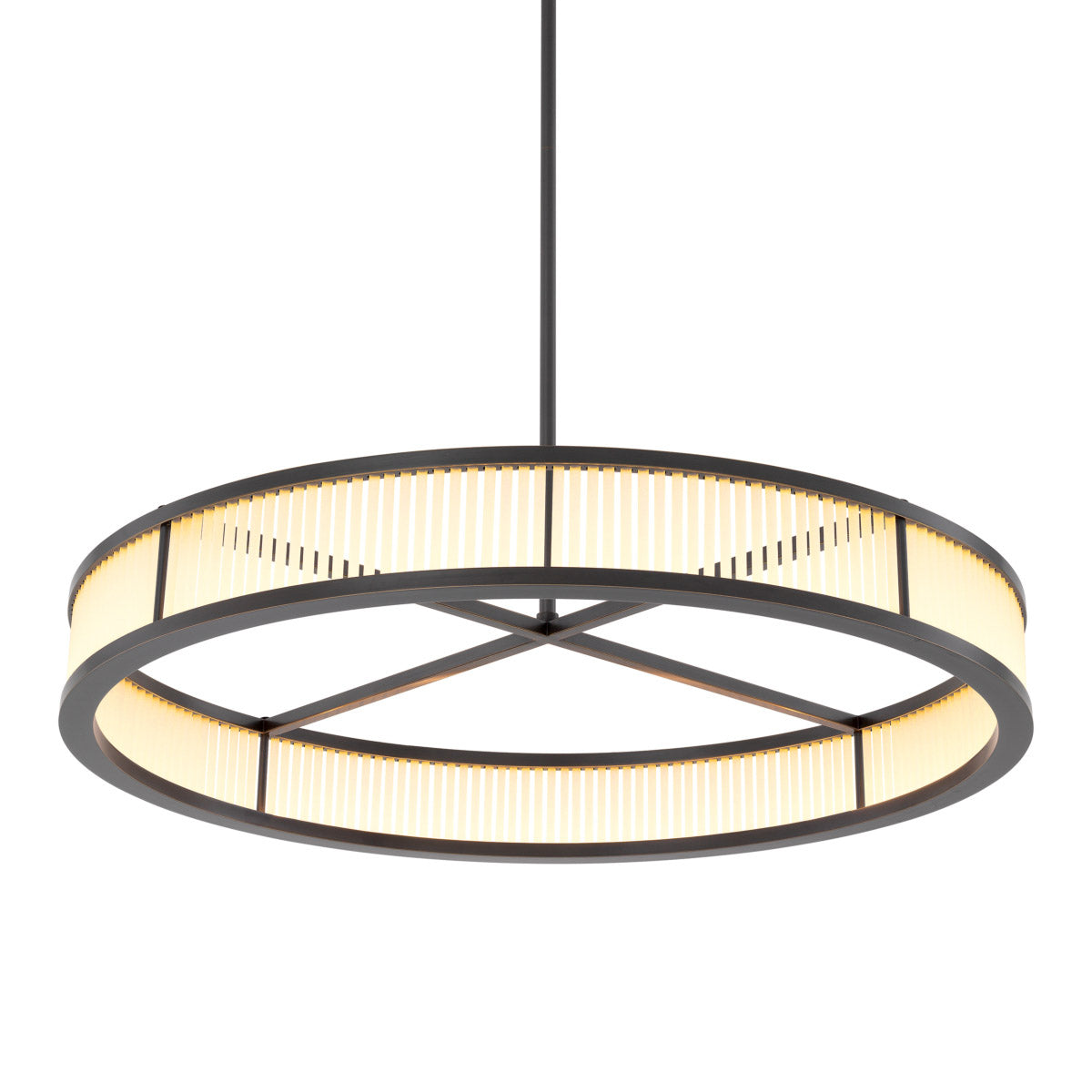 Eichholtz Chandelier Thibaud bronze highlight finish that is adorned with rods of frosted glass. Each Thibaud comes with