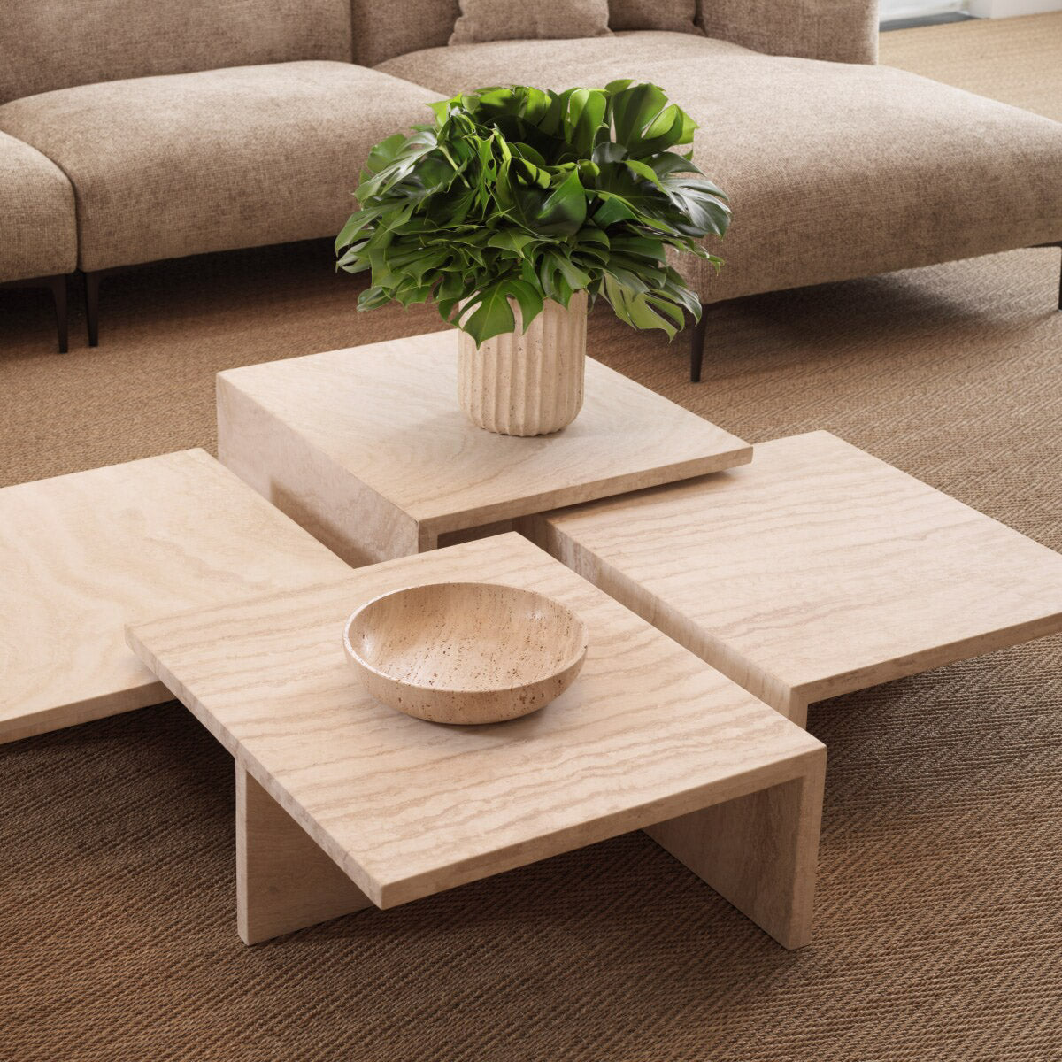 Eichholtz Coffee Table Amara Low design with a minimalist look. Due to the neutral tones of the travertine, the table