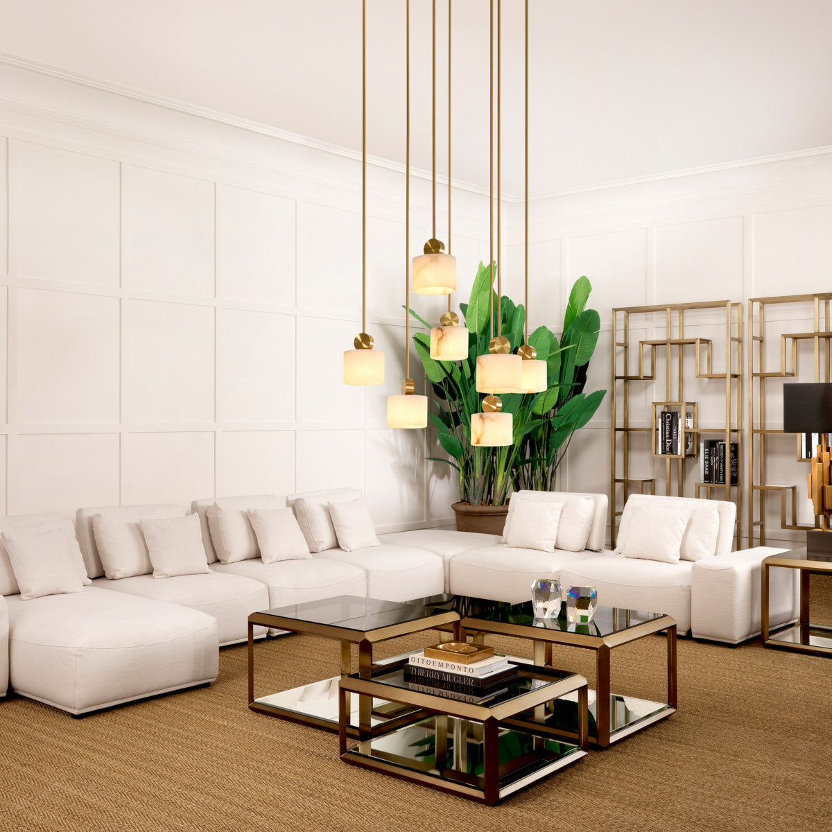 Eichholtz Coffee Table Callum set of 4 brass frame with bevelled rims surrounds the tabletops of smoke glass and the bottom shelves