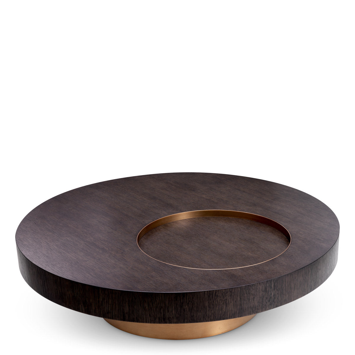 Eichholtz Coffee Table Otus round The rich mocha oak veneer radiates warmth and sophistication, while the graceful brushed brass finish