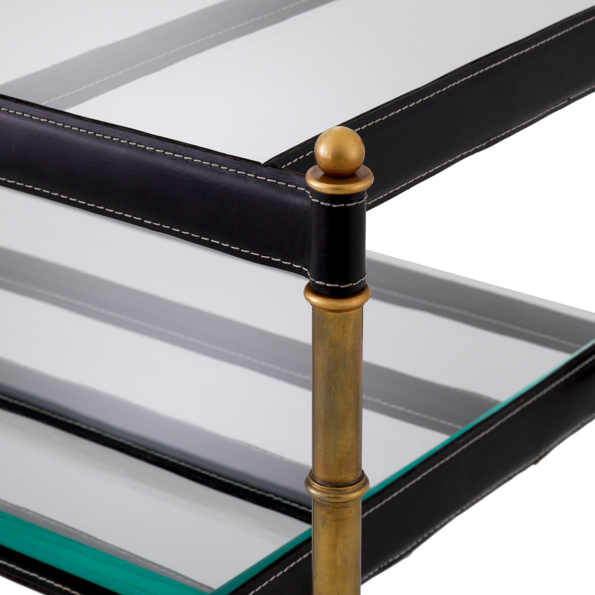 Eichholtz Coffee Table Princess rectangular and a top and lower shelf of bevelled clear glass. Leather straps lend this rectangular