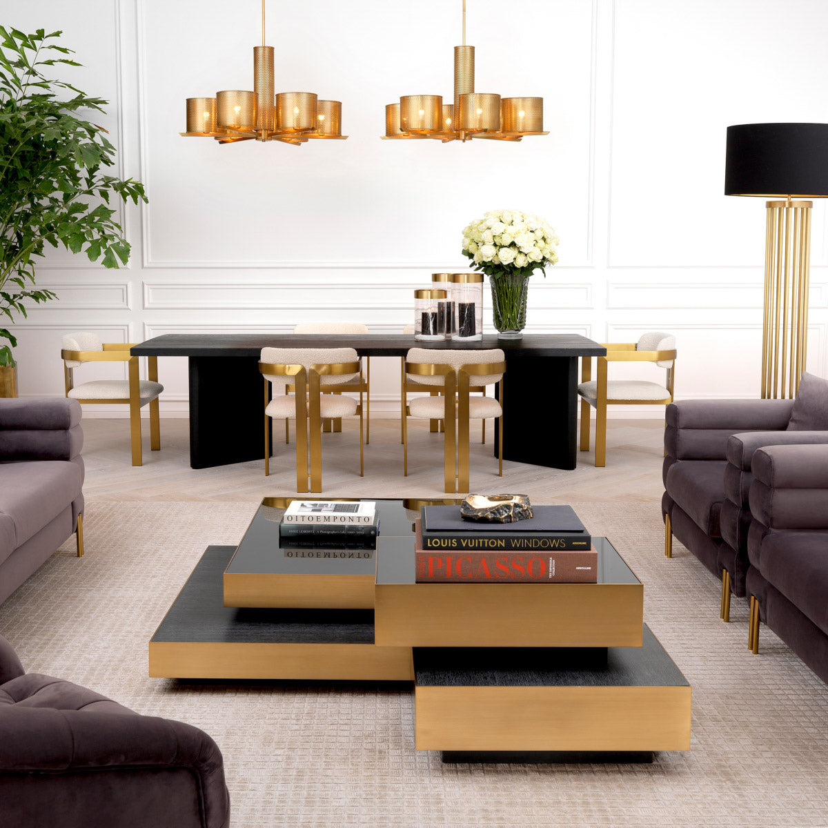 Eichholtz Coffee Table Shelton design features two overlapping squares with a brushed brass rim. The lower square has a