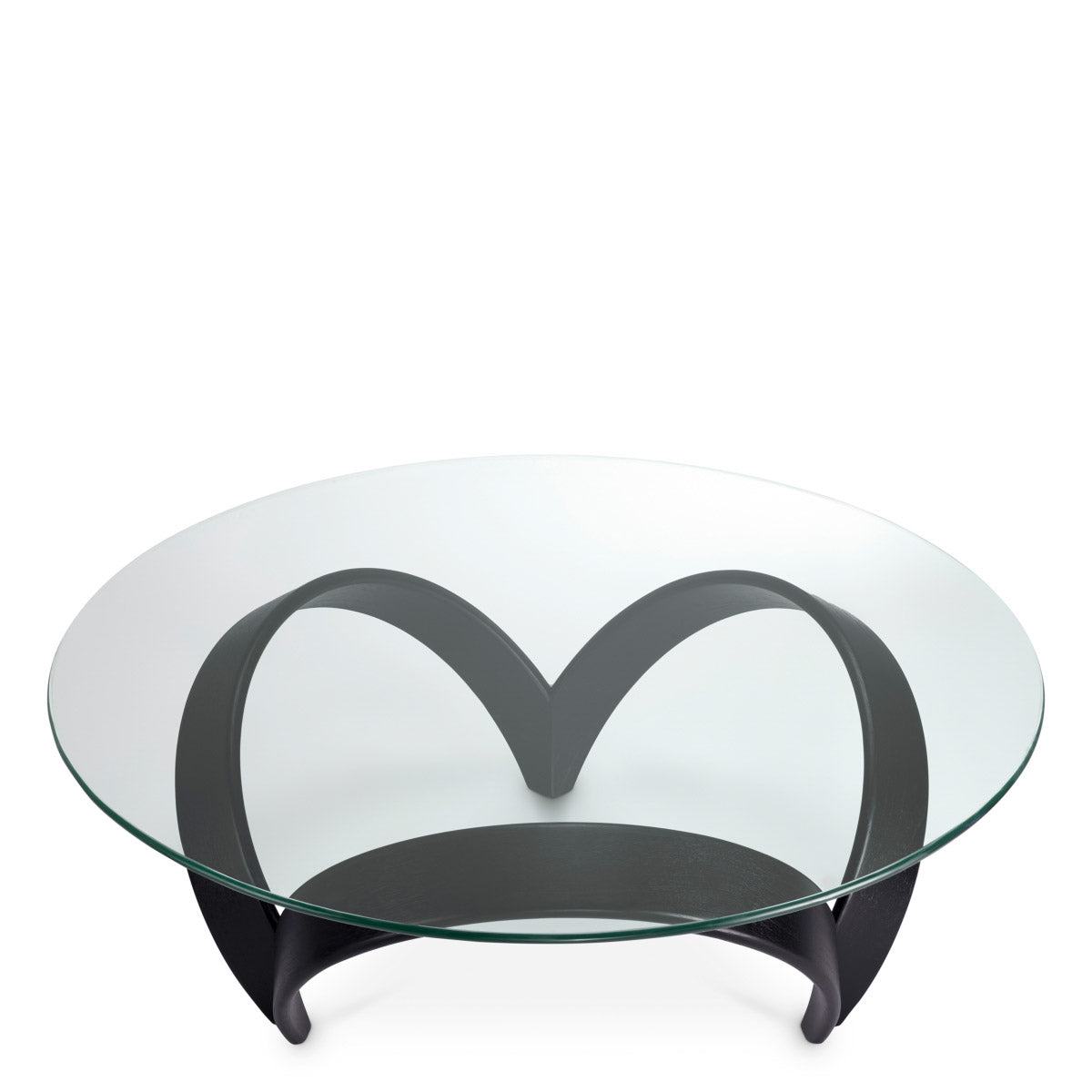 Eichholtz Coffee Table Soquel black veneer wooden frame is artfully visible beneath its clear glass top, harmonizing circular grace
