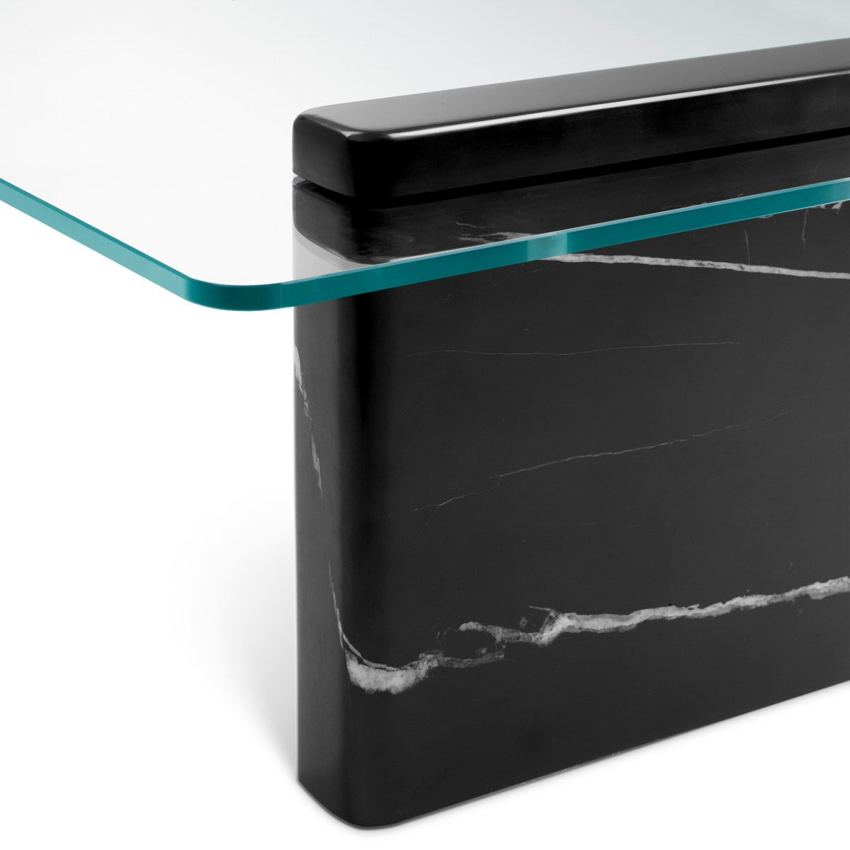 Eichholtz Coffee Table Stonecrest features a base made of black marble topped with clear glass, combining sleek modernity with