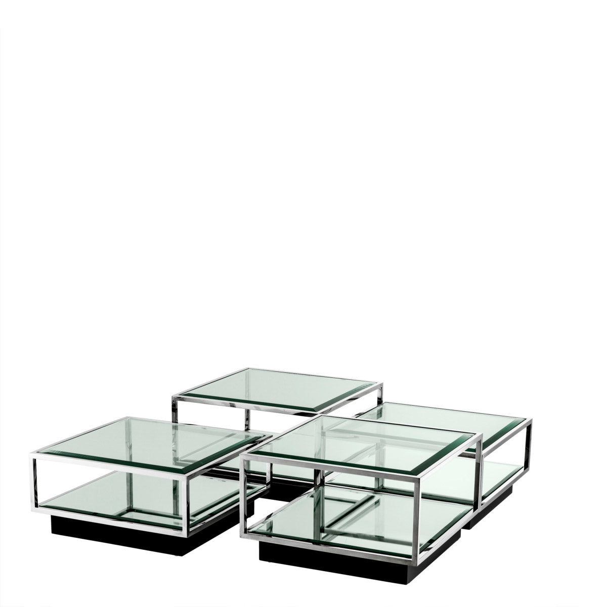 Eichholtz Coffee Table Tortona set of 4 polished stainless steel frame, each of these square furniture pieces features a tabletop and lower