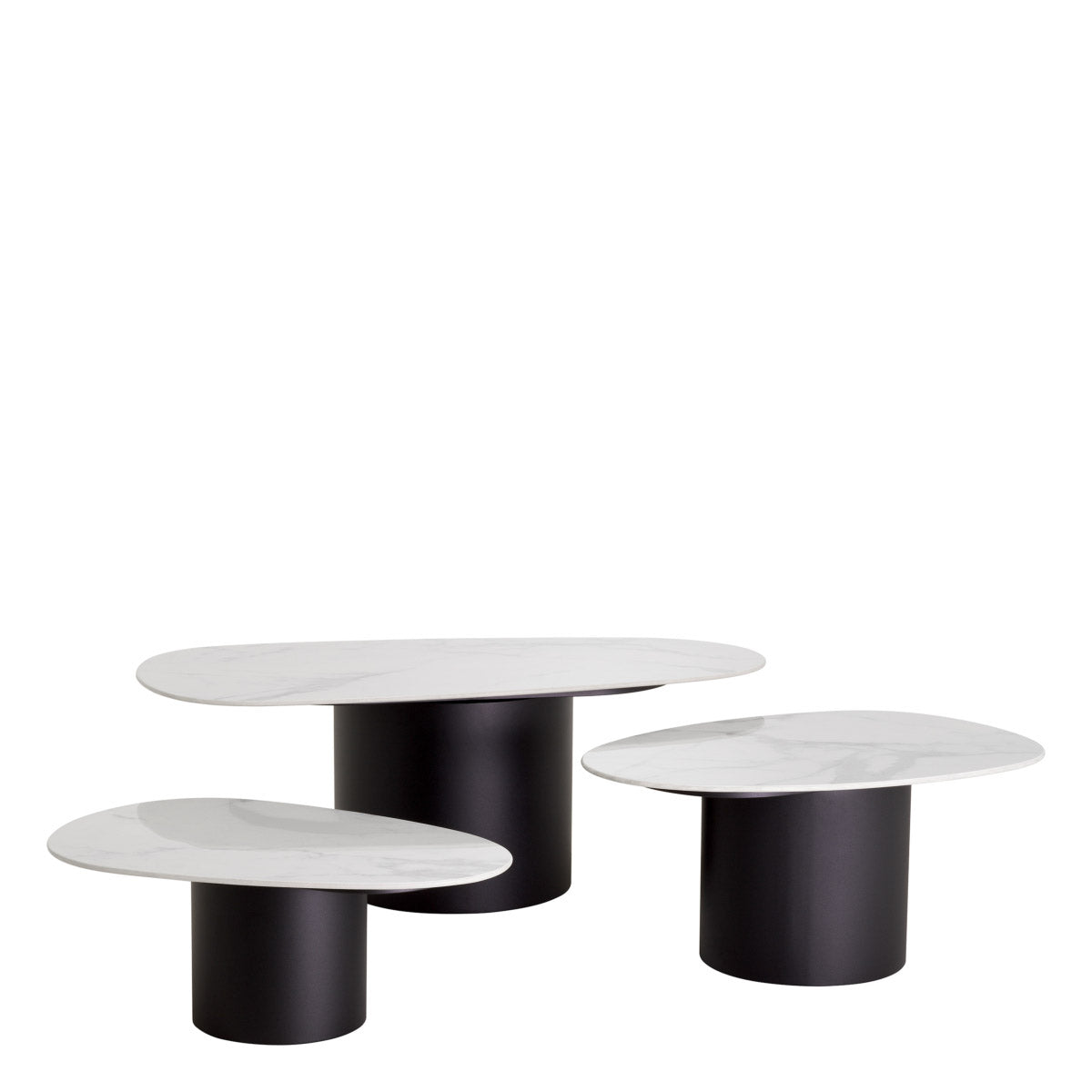 Eichholtz Coffee Table Zane set of 3 tabletops and a cylindrical black base. Featuring a striking ceramic marble-look surface with a mono...