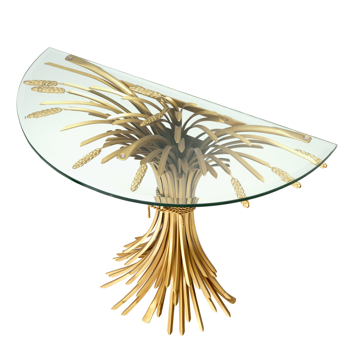 Eichholtz Console Table Bonheur sheaf-shaped base and a bevelled clear glass tabletop. Originally a symbol of prosperity and hospitality,