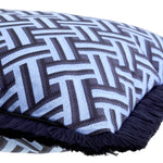 Eichholtz Cushion Doris L accentuated by dark blue fringe accents. The vibrant blue Doris print on a white backdrop