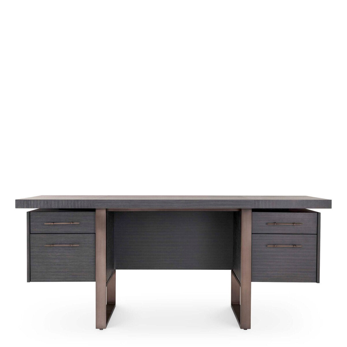 Eichholtz Desk Canova brass finish holding two chests of drawers and a rectangular top in charcoal grey oak