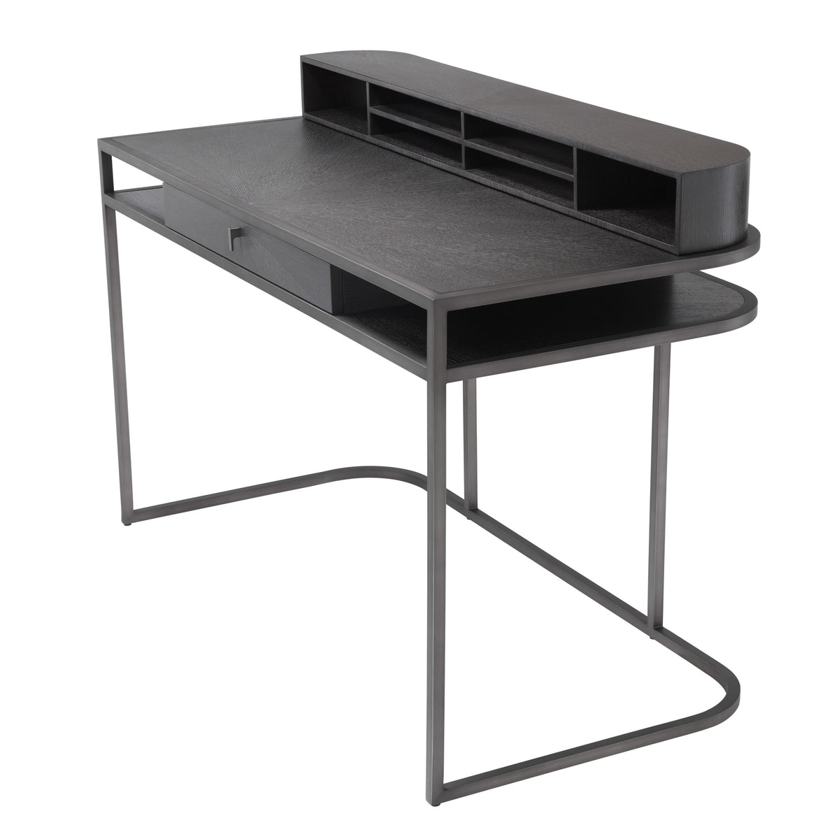 Eichholtz Desk Highland design with drawer set on a metal frame with a medium bronze finish. Desk Highland