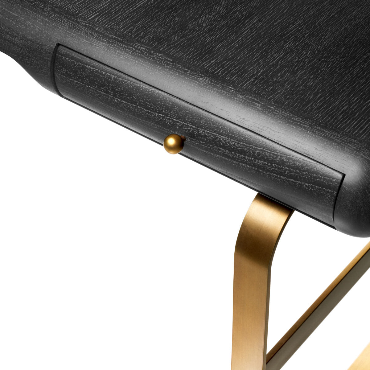 Eichholtz Desk Nathaniel oak veneer and sleek brushed brass finish. Its gracefully rounded silhouette and dual drawers blend