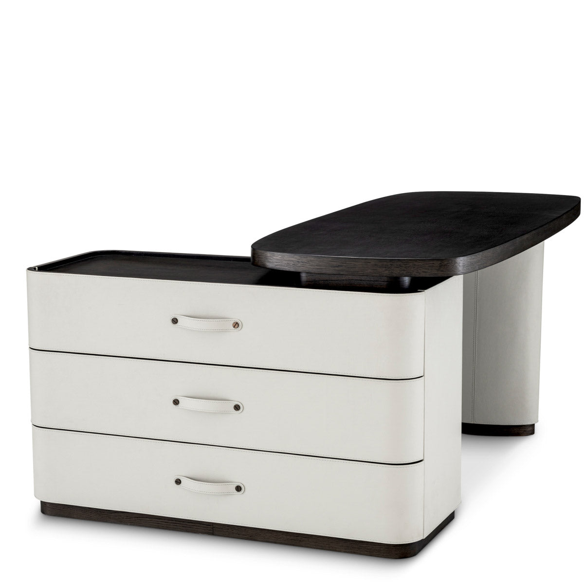 Eichholtz Desk Numana versatility. Crafted from mocha oak veneer and accented with light grey faux leather, this desk's