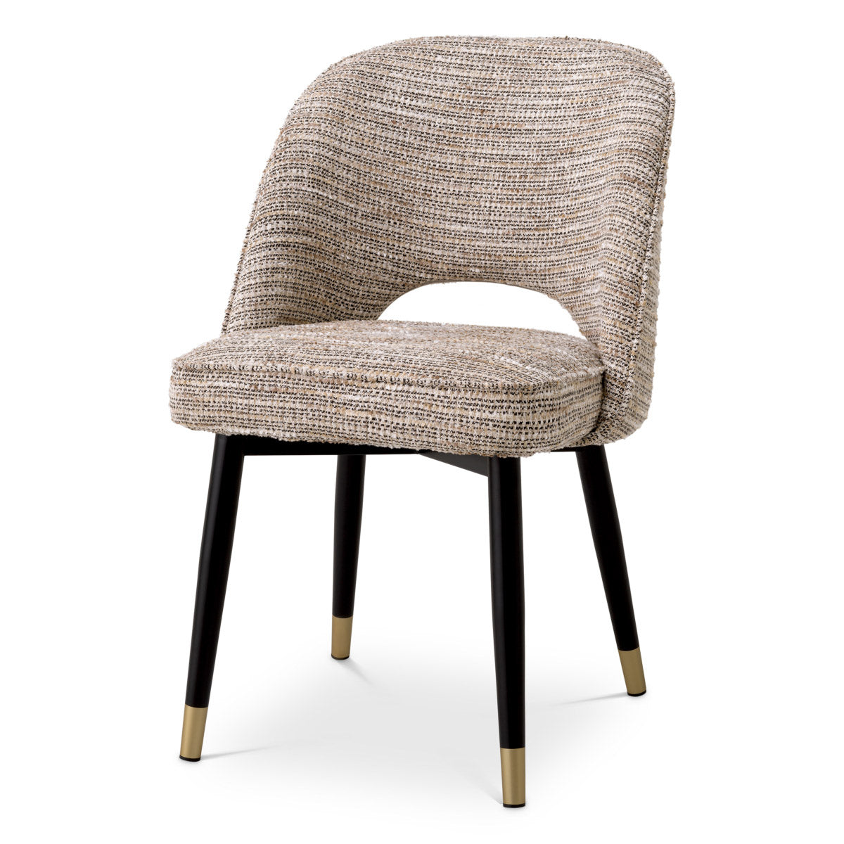 Eichholtz Dining Chair Cliff set. Featuring black tapered legs with gold caps and a Mademoiselle beige upholstery, each chair