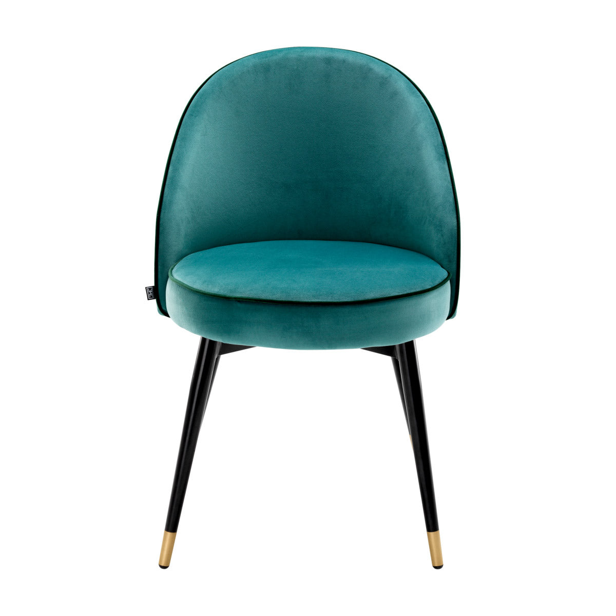 Eichholtz Dining Chair Cooper set of 2 Roche turquoise velvet upholstery with dark green piping, tapered black legs and brass caps. Team