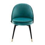 Eichholtz Dining Chair Cooper set of 2 Roche turquoise velvet upholstery with dark green piping, tapered black legs and brass caps. Team