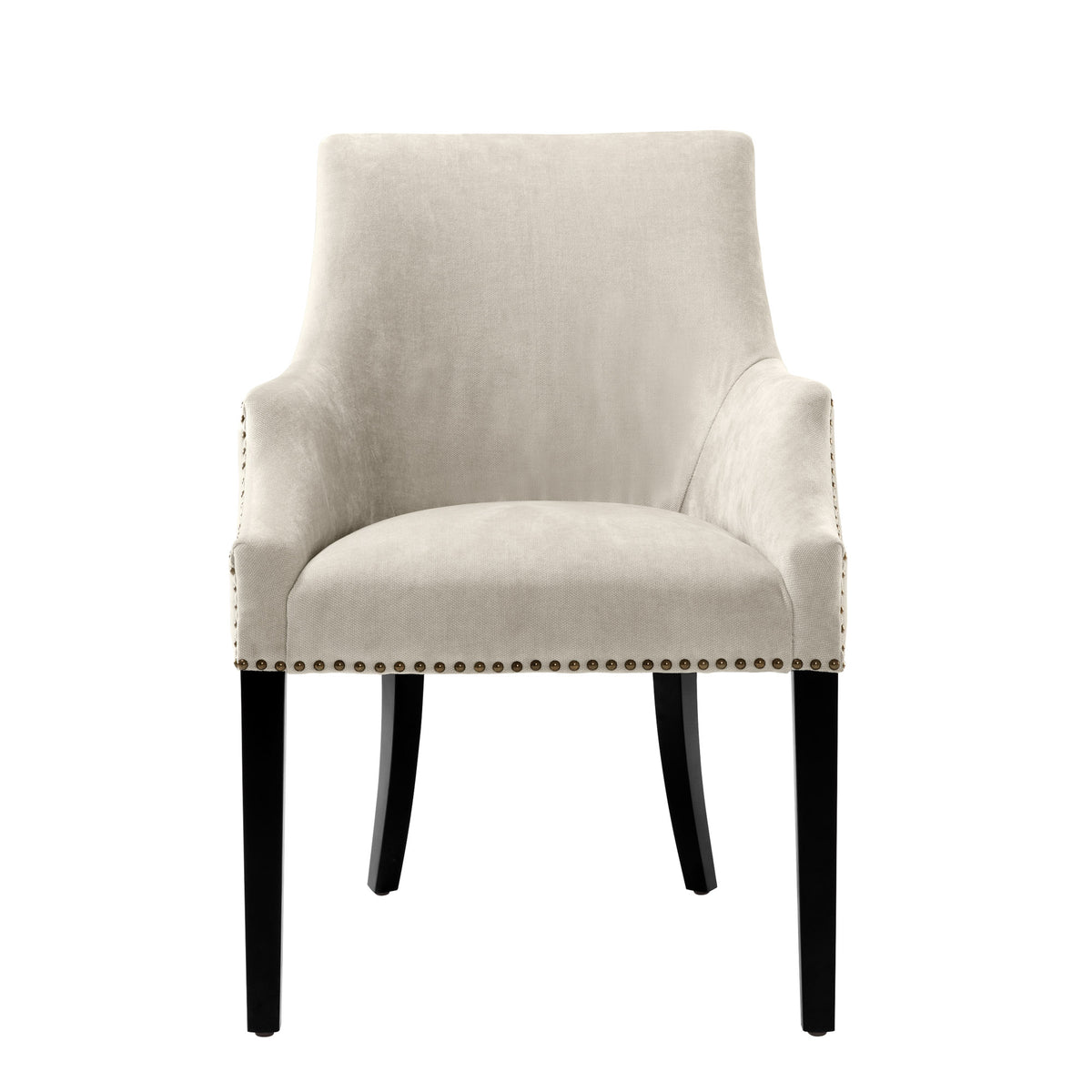 Eichholtz Dining Chair Legacy has a sweeping shape and features a Clarck sand upholstery, punctiliously deposited with antique brass