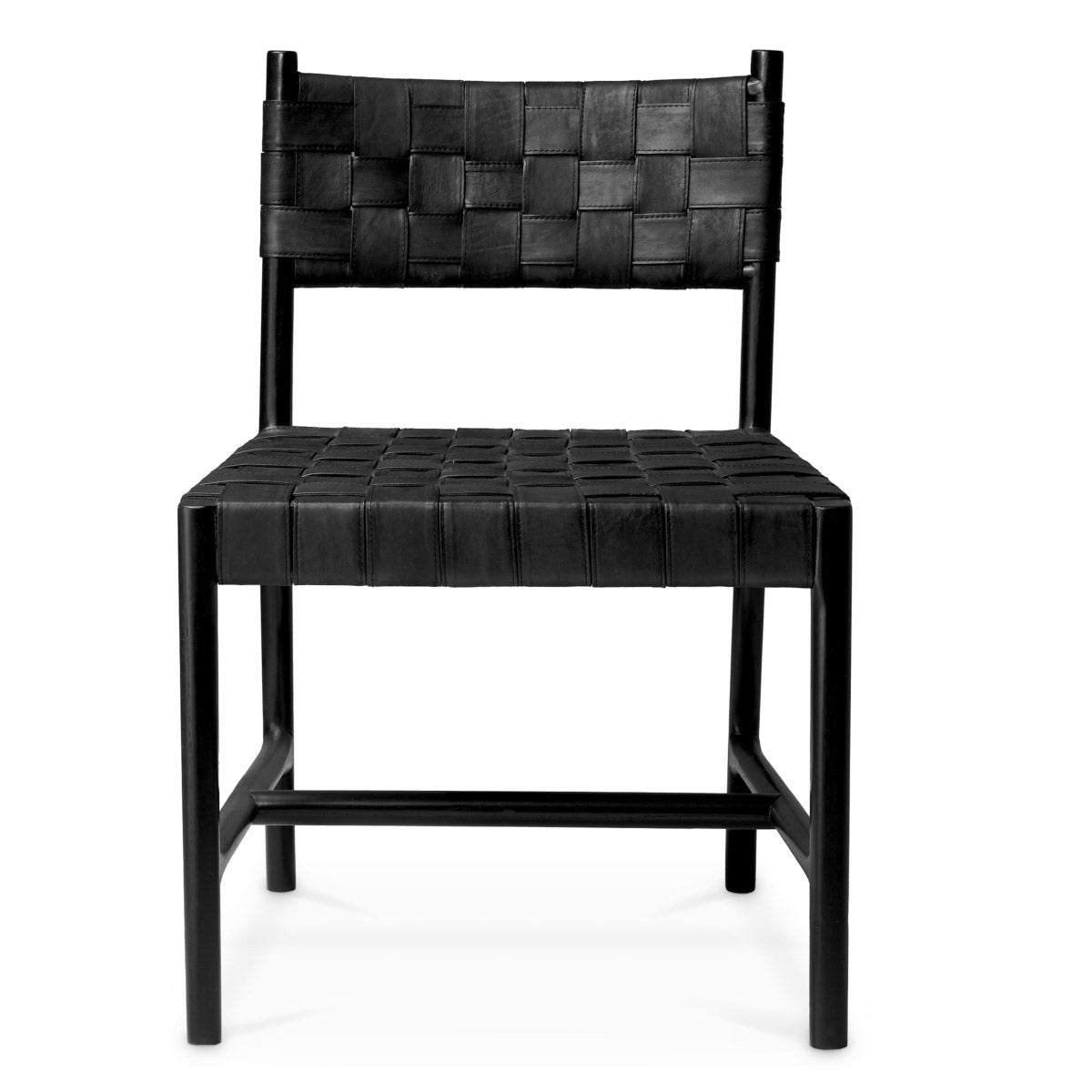 Eichholtz Dining Chair Tiberio leather seats interlace seamlessly, creating a sophisticated woven design atop sleek, classic black legs....