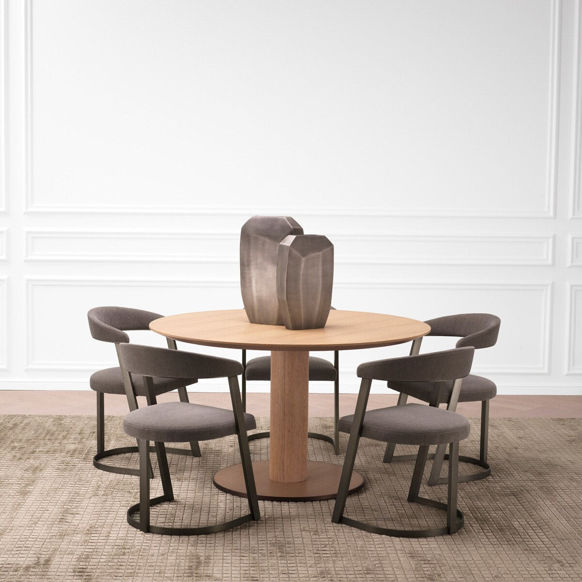 Eichholtz Dining Table Astro showcases a tabletop adorned in natural oak veneer, exuding an aura of timeless elegance. The