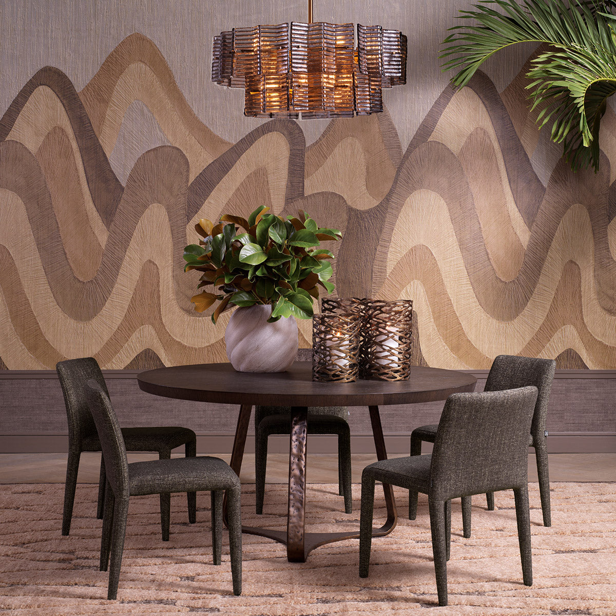 Eichholtz Dining Table Cambronne mocha oak veneer and an artful bronze-finished cast aluminum base. Its elegant, hammered pattern exudes