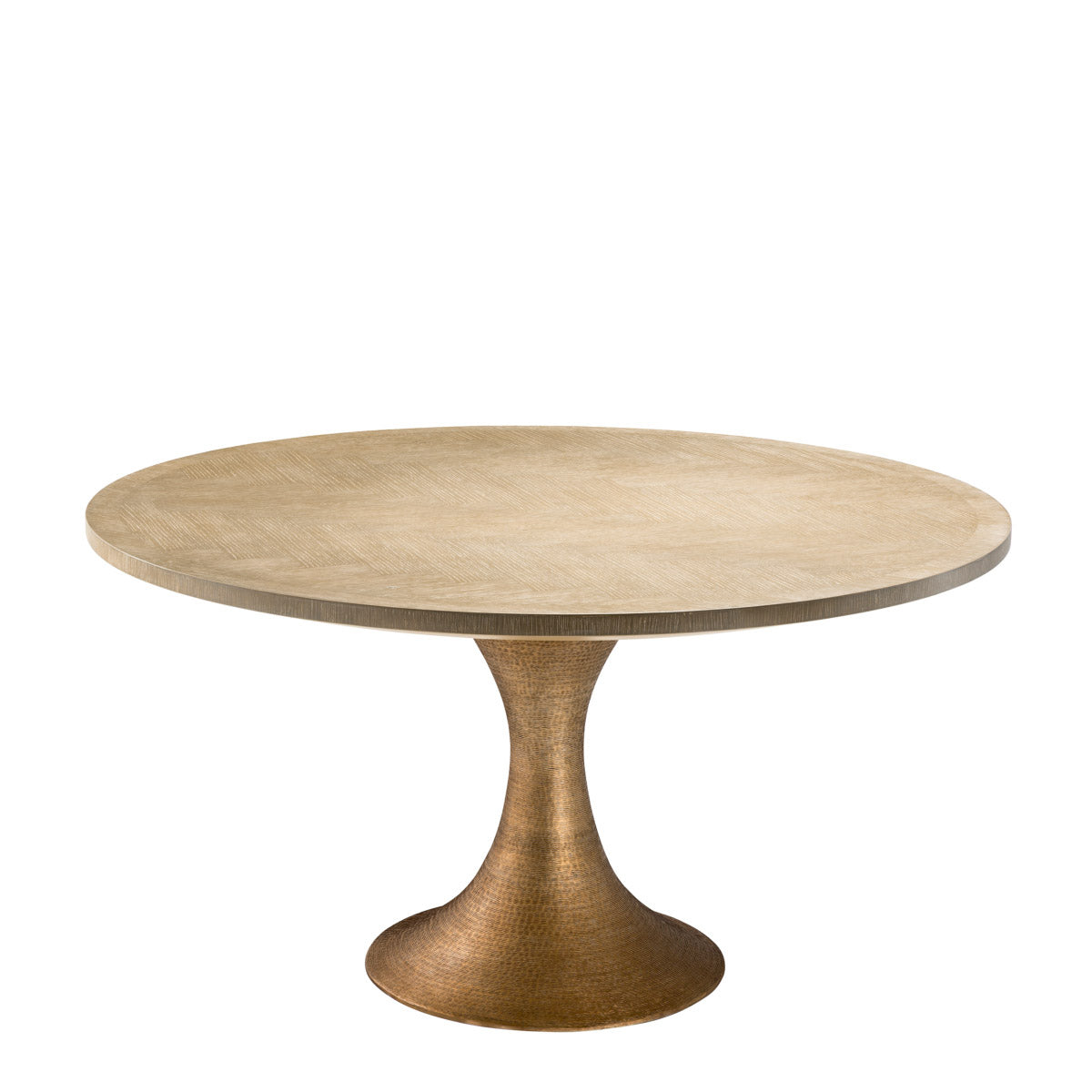 Eichholtz Dining Table Melchior round that features an hourglass-shaped base with a brushed brass finish. As the beautiful herringbone pa...