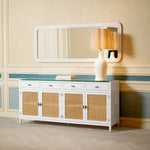 Eichholtz Dresser Bahamas luxurious piece seamlessly integrates natural cane accents and clear glass, offering a harmonious blend of