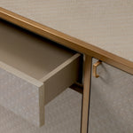 Eichholtz Dresser Napa Valley woven washed oak veneer and contains 4 doors and a drawer with stainless steel handle.