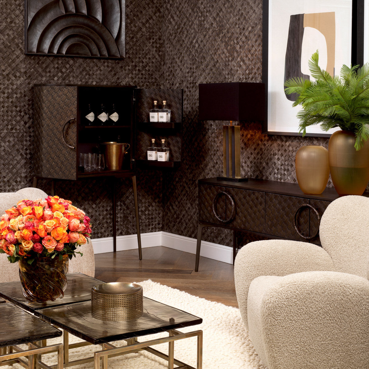 Eichholtz Dresser Nilsson adds a touch of organic charm, the dresser is equipped with circular handles that are