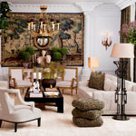 Eichholtz Floor Lamp Thomas fretwork designs popularized in 18th-century England. With a matte-black finish and a handmade linen-mix shade