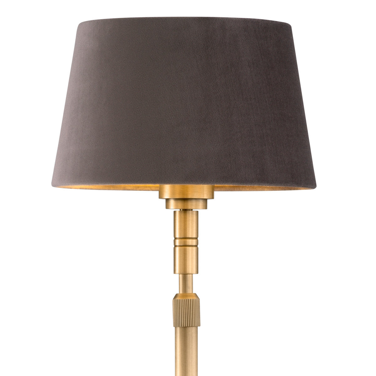 Eichholtz Floor Lamp Tryon decor. With its brushed-brass finishing, an adjustable height feature, and a grey velvet shade, handmade