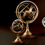 Eichholtz Globe L zodiac, axis and pedestal with brown plinth, this large globe with antique brass finish lends
