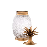Eichholtz Jar Hayworth container is made of glass and has a crown and base with a vintage brass