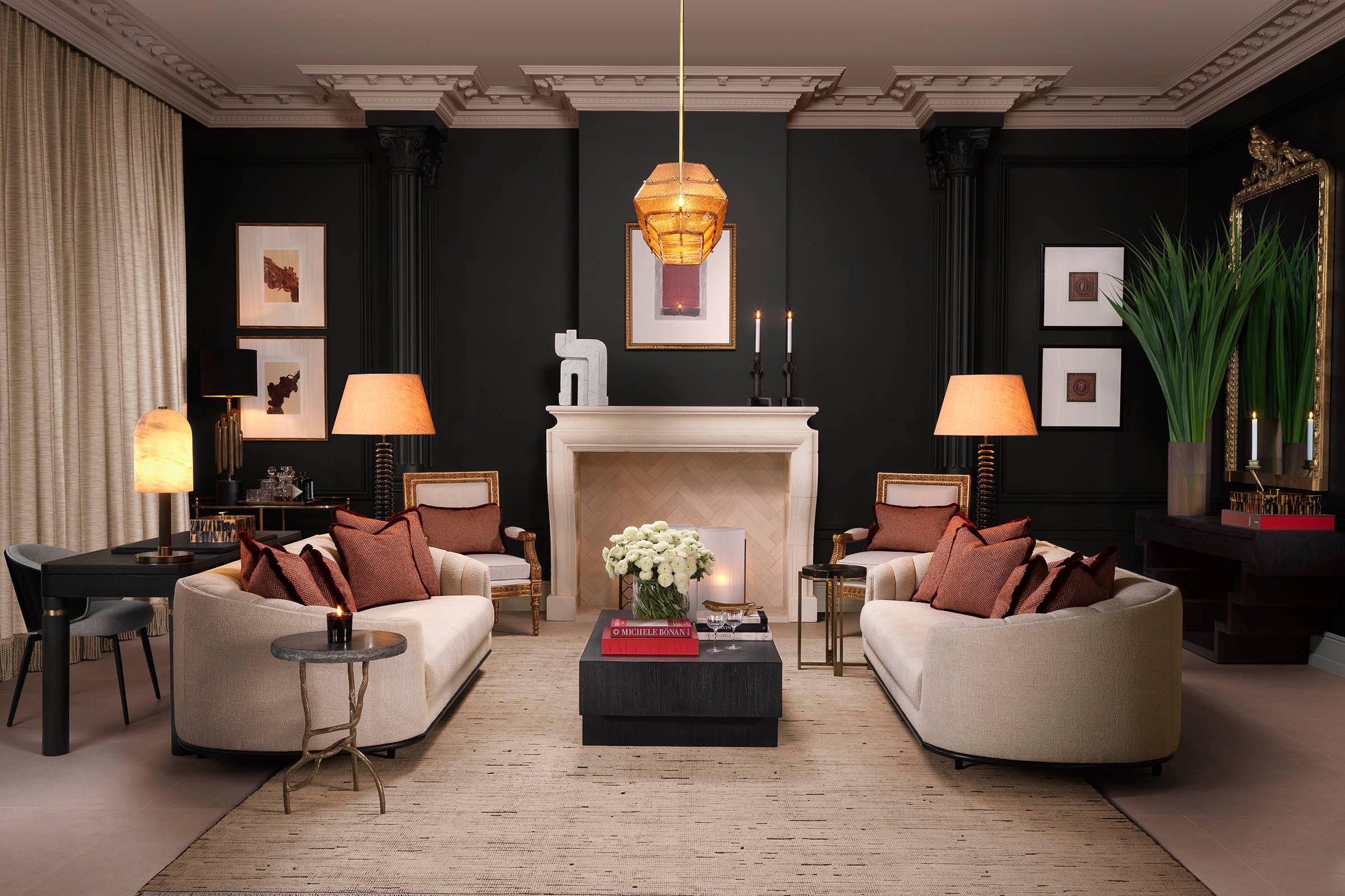 Eichholtz Las Vegas curated living room with warm layered surfaces and brass accent pieces