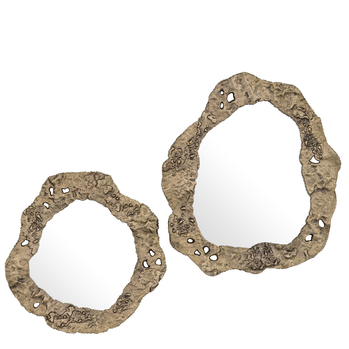 Eichholtz Mirror Foggia set of 2 sophistication. Organic shaped and finished in antiqued brass, these mirrors provide a luxurious yet tim...