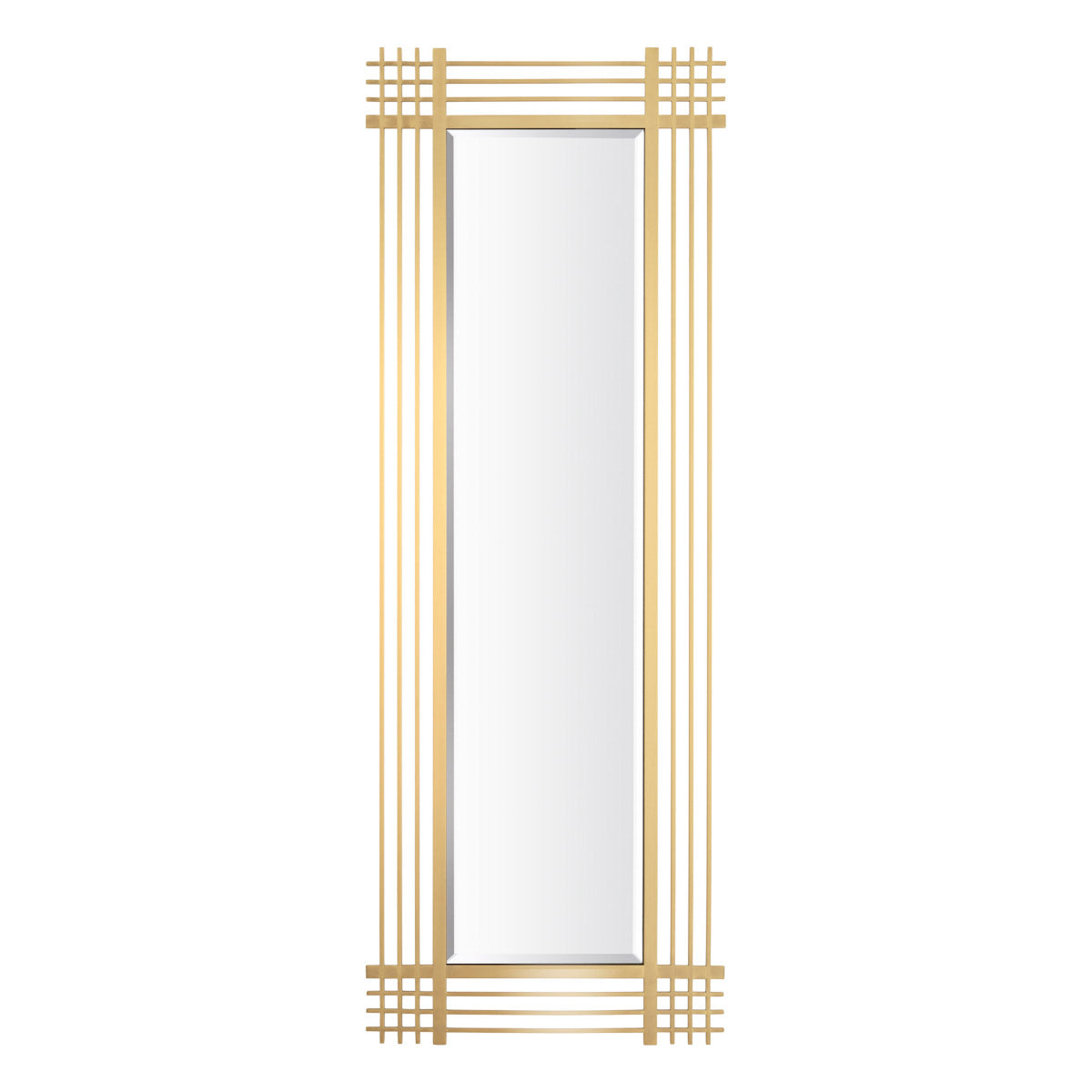 Eichholtz Mirror Pierce rectangular the bevelled Pierce Mirror. The construction of vertical and horizontal bars gives its brushed brass