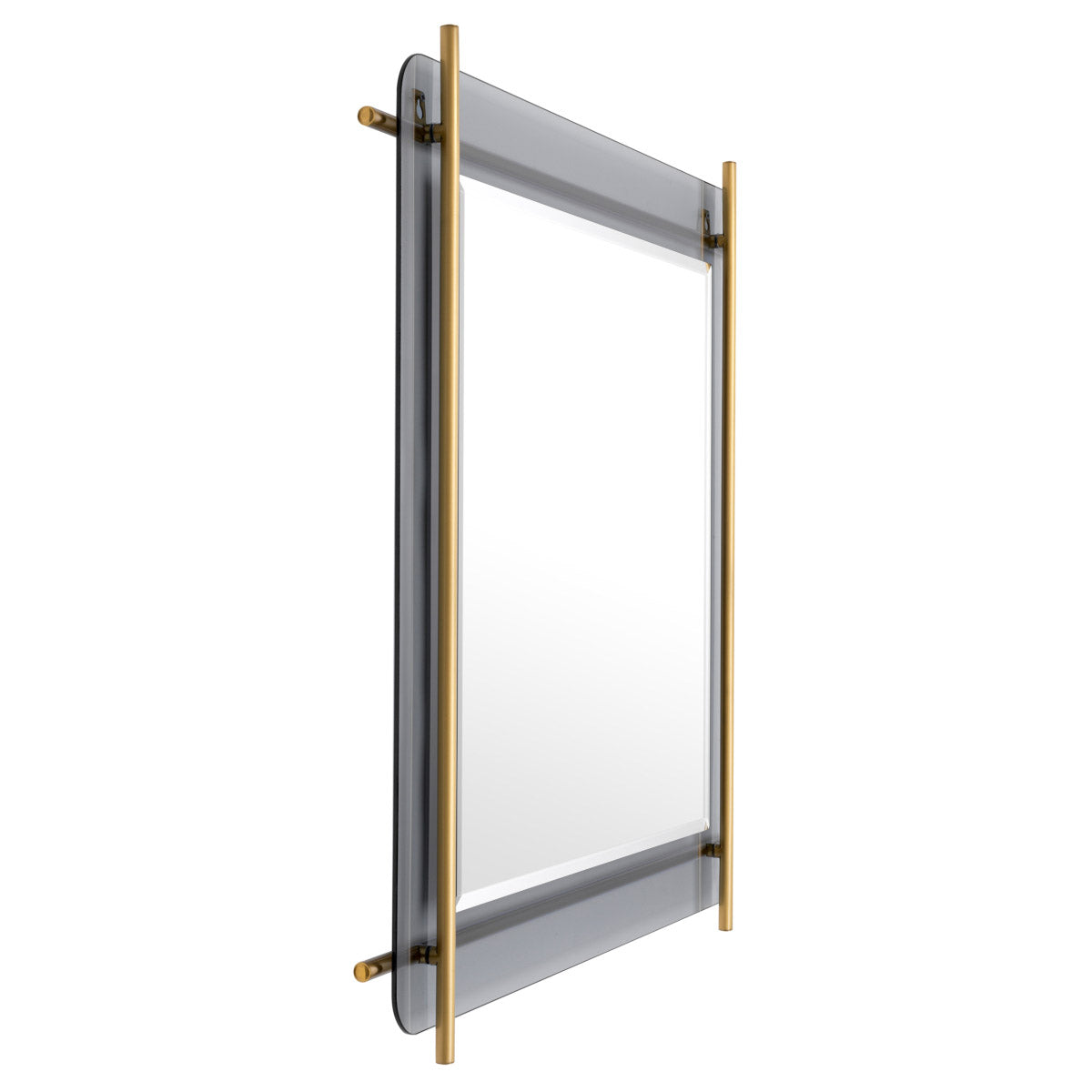 Eichholtz Mirror Quinn square bevelled mirror is mounted on a smoked glass plate with rounded corners and surrounded