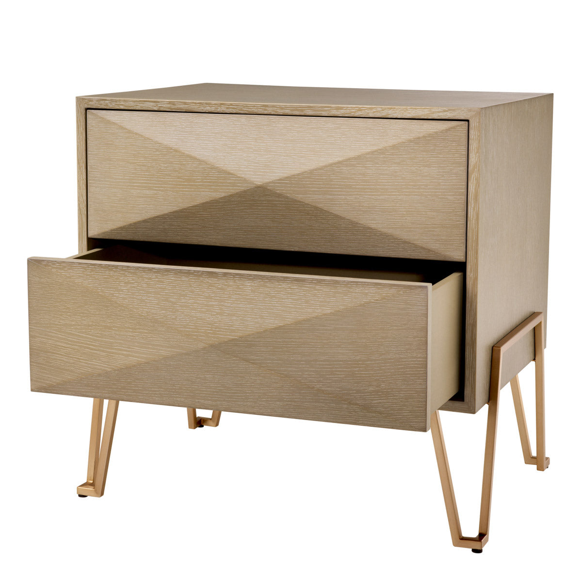 Eichholtz Nightstand Highland veneer. With their triangular silhouettes, the cabinet doors are real eye-catchers. Reminiscent of Danish d...