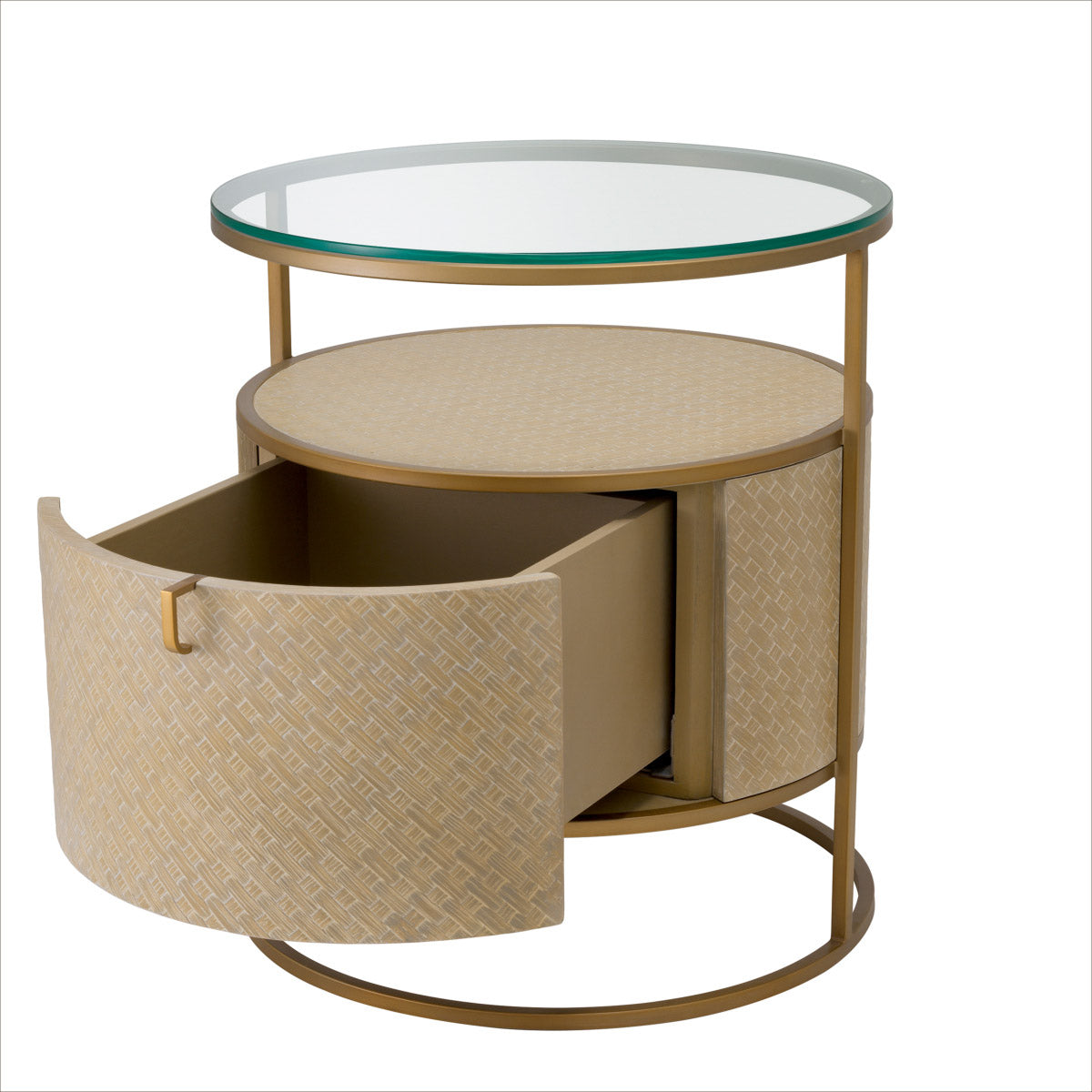 Eichholtz Nightstand Napa Valley sleek brushed brass finished frame, a clear glass tabletop and a drum-shaped centrepiece that is