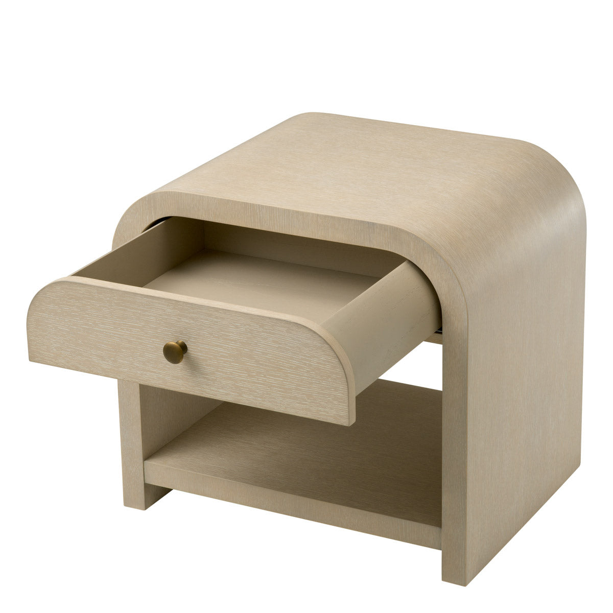 Eichholtz Nightstand Rhodes veneer. Its elegant contours are beautifully complemented by a brushed brass finish, offering a striking