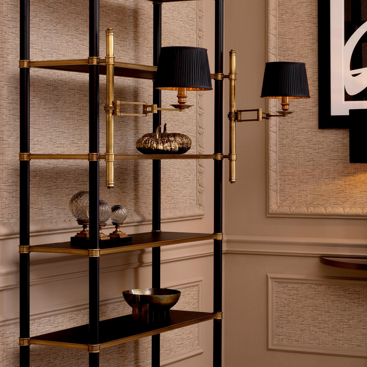 Eichholtz Object Divani set of 3 antique brass pedestals with a granite base. Crafted from hand blown clear glass, each globe