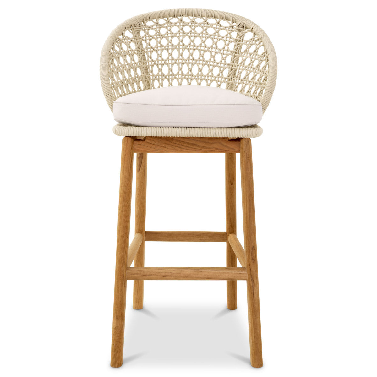 Eichholtz Outdoor Bar Stool Trinity any patio or poolside bar. The cream weave flores off-white finish atop natural teak exudes
