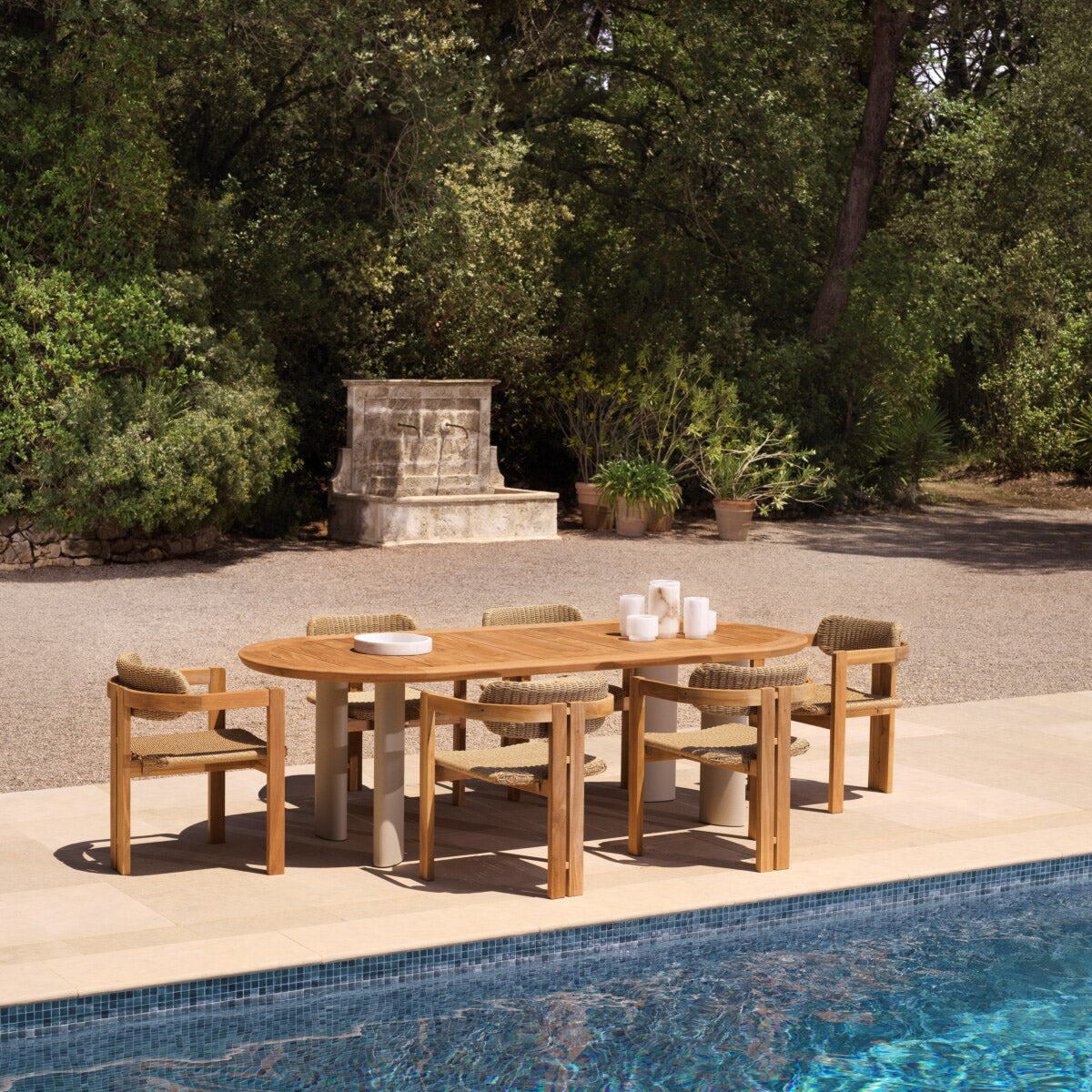 Eichholtz Outdoor Dining Table Mogador from Grade A teak wood sourced responsibly from sustainably managed forests, the natural teak exudes