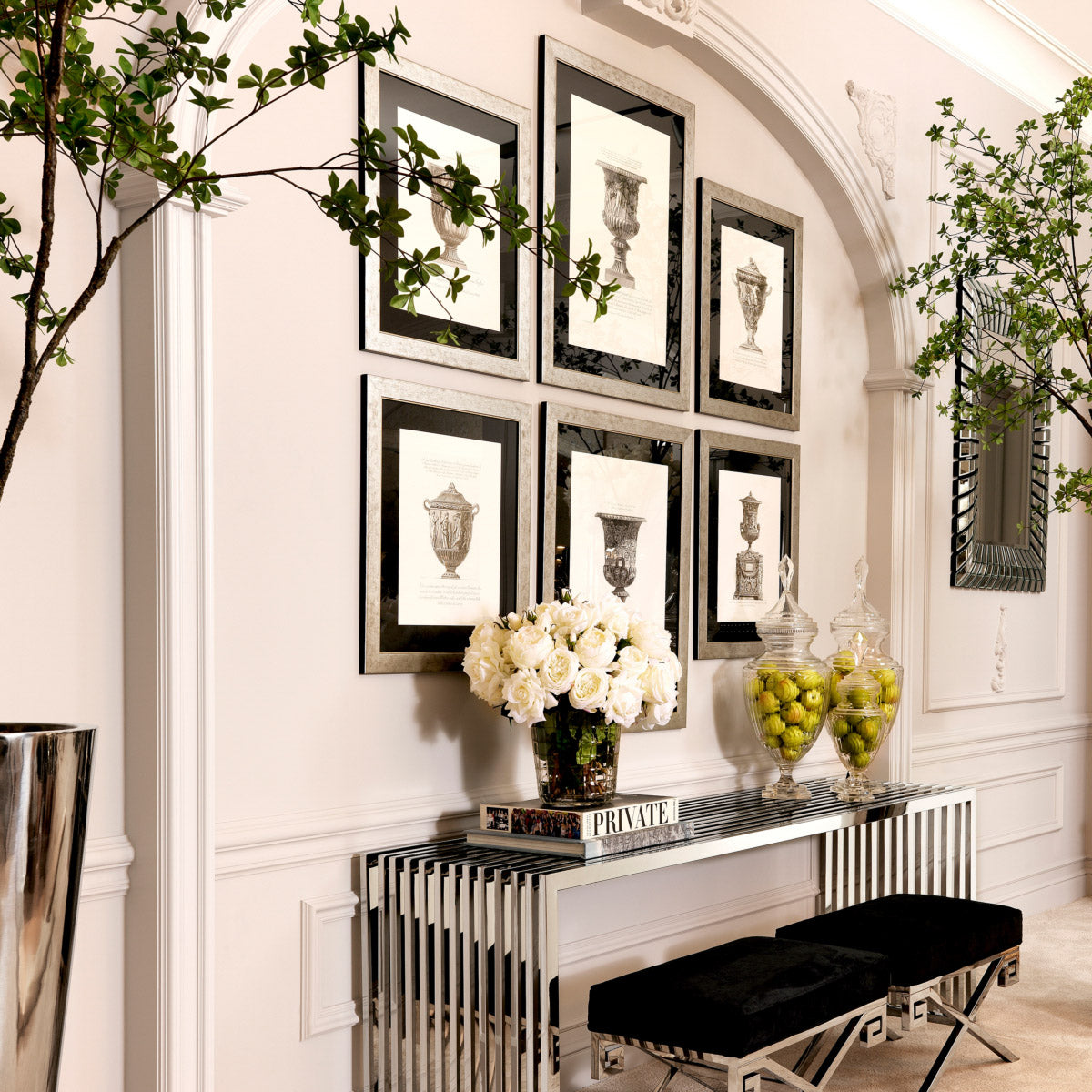 Eichholtz Prints Giovanni Battista set of 4 a stained silver coloured frame with clear glass. Prints Giovanni Battista set of 4 Crafted