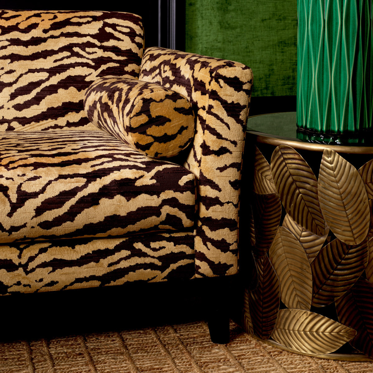 Eichholtz Side Table Botanico leaf details, creates an opulent botanical motif. A beveled black glass top enhances its allure,