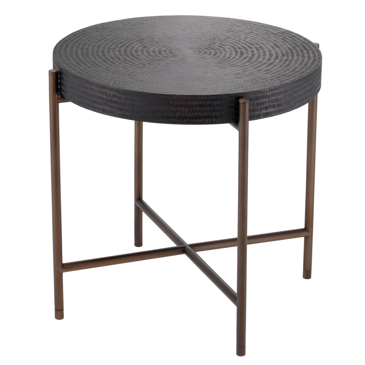 Eichholtz Side Table Nikos of metal, the frame has a bronze finish whereas the tabletop has a gunmetal finish.