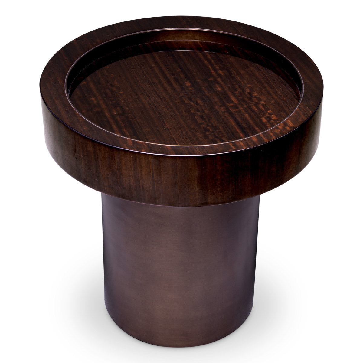 Eichholtz Side Table Otus round eucalyptus high gloss veneer showcases the natural beauty of the wood with a lustrous sheen,