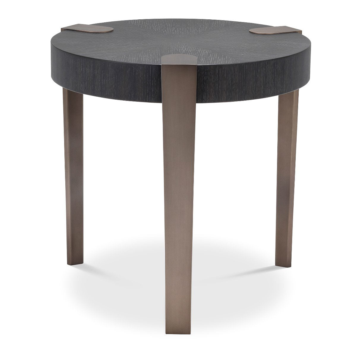 Eichholtz Side Table Oxnard It features a round tabletop of charcoal grey oak veneer and three legs in a